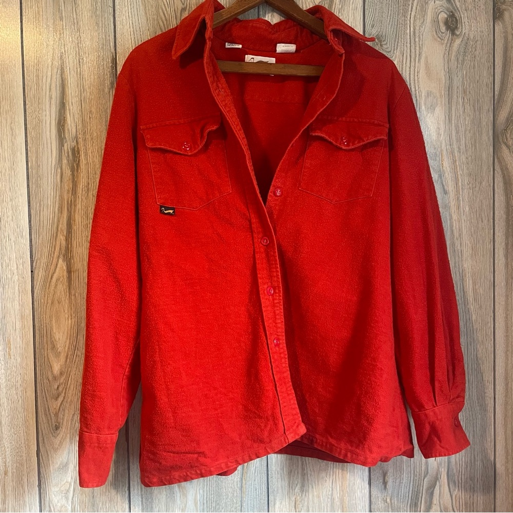 Vintage 80s red flannel Duxbak hunting button up long sleeve shirt. Size XL